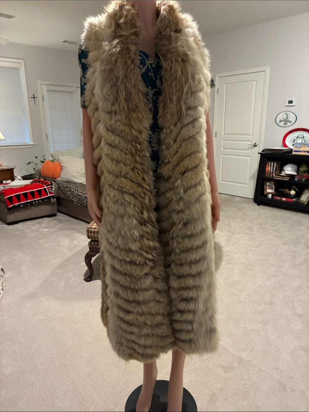 Long Faux Fur Open-Front Vest in Light Brown